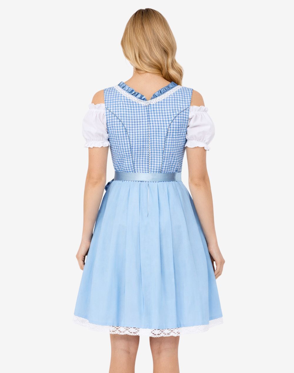 Rear full view of authentic Oktoberfest dirndl worn by model showing fitted bodice satin waistband and classic skirt