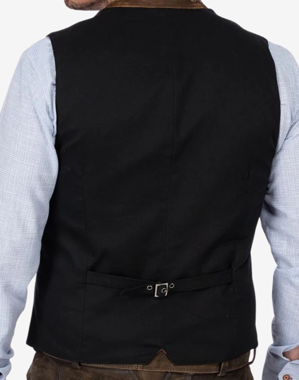 Back view of authentic Oktoberfest vest for men with adjustable strap, classic Bavarian tailoring and traditional styling.