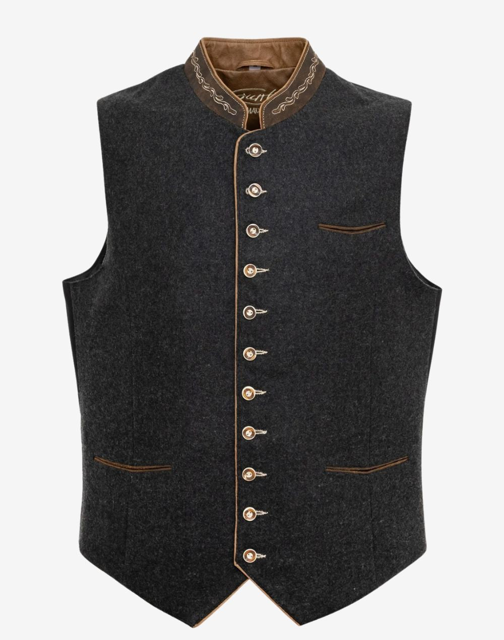 Authentic Oktoberfest vest for men in dark wool with brown embroidered collar, horn buttons and traditional Bavarian design.