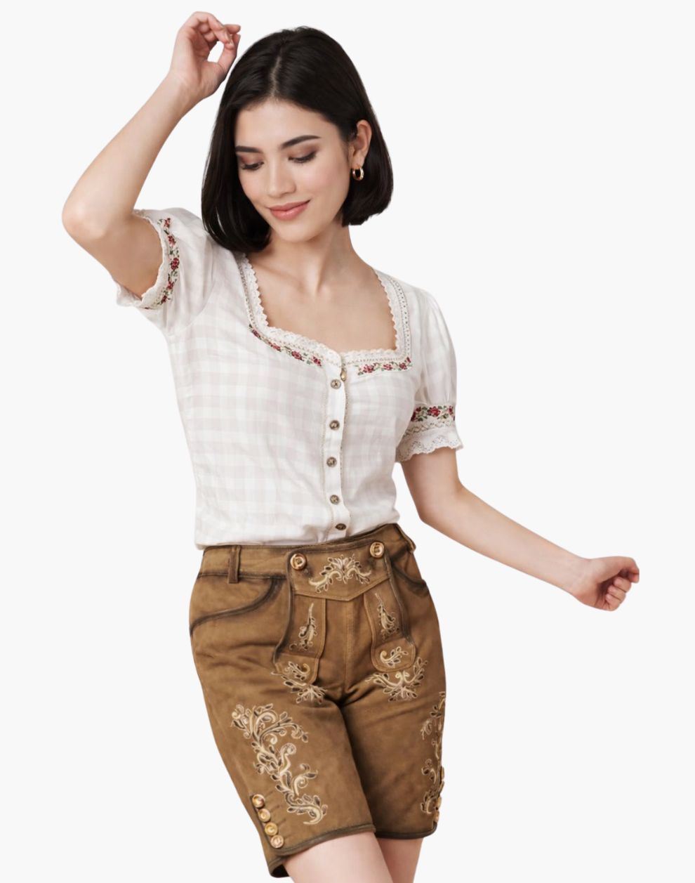 Woman wearing a traditional outfit with a white top and brown shorts on a white background