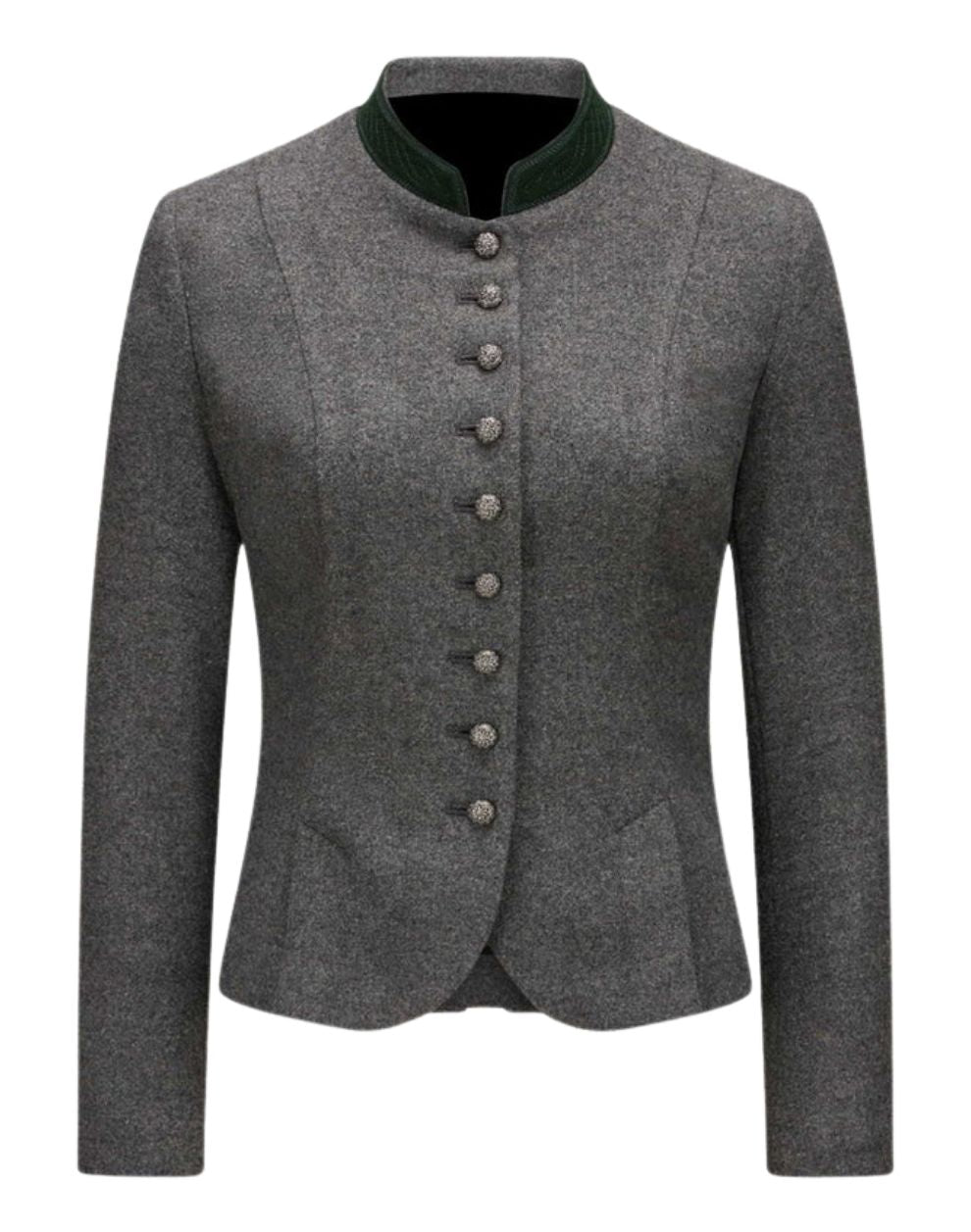 Gray blazer with button details on a white background