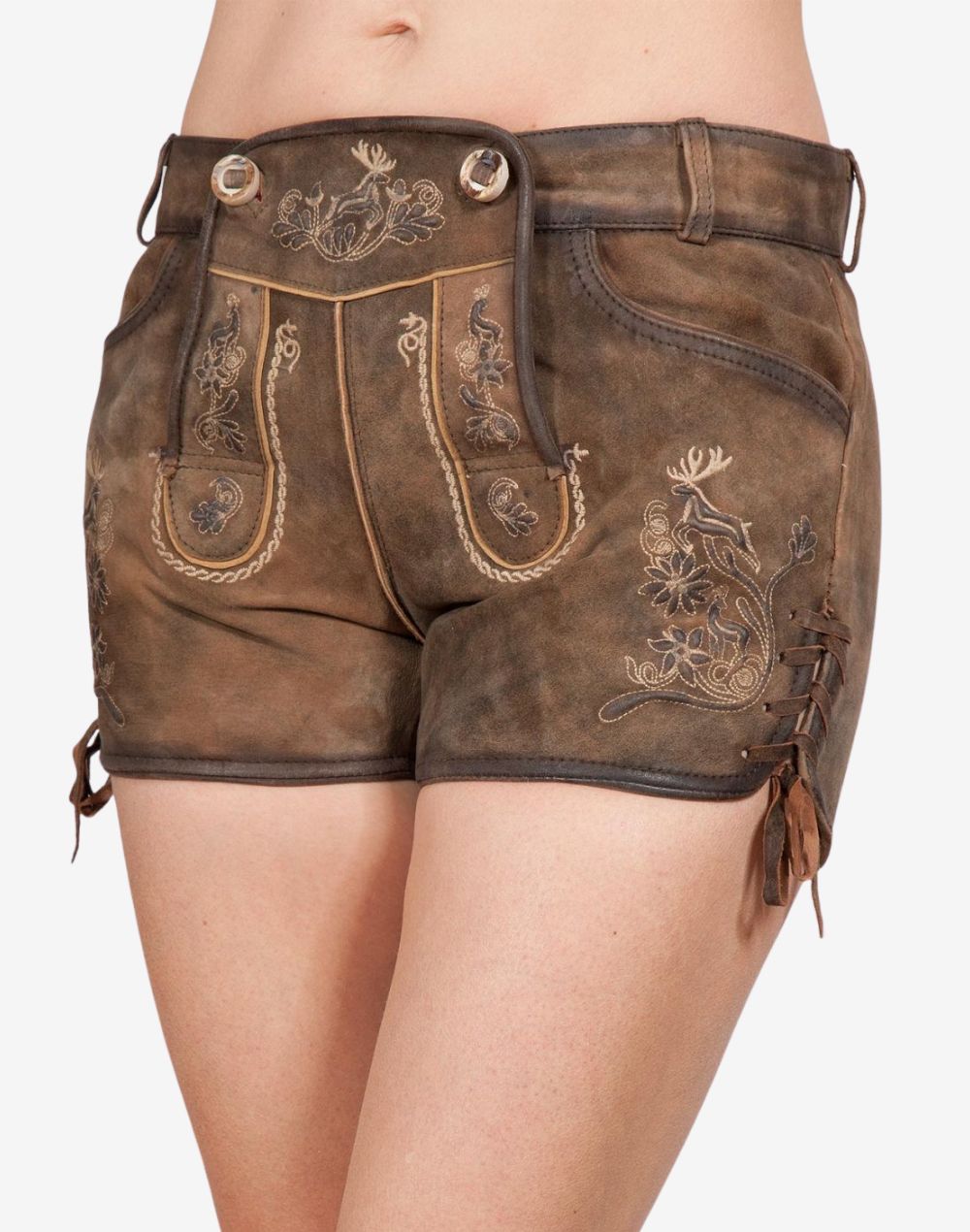 Brown traditional Bavarian women’s lederhosen shorts with embroidered floral and deer patterns, front flap detail, and side lace-up design, worn around the waist and thighs