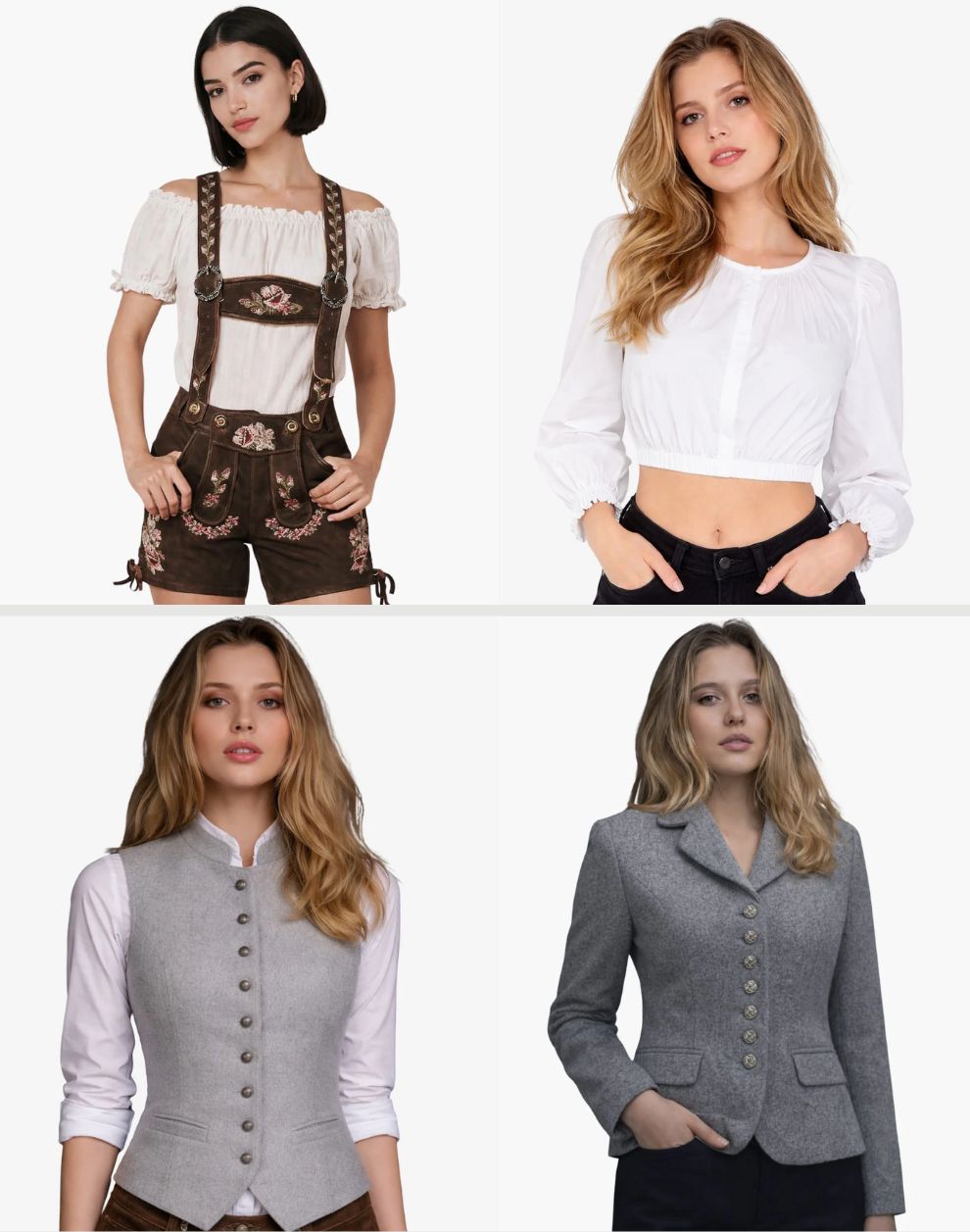 Four images of a woman wearing different outfits on a white background