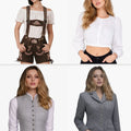 Four images of a woman wearing different outfits on a white background