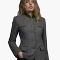 Female model wearing a grey Bavarian Trachten jacket with green collar trim, decorative buttons, and a fitted alpine-style silhouette.