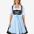 Front view of authentic womens Bavarian dirndl dress with blue apron, lace blouse, fitted bodice and traditional styling
