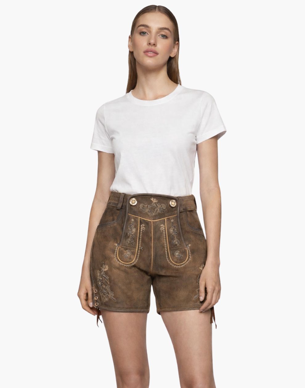 Woman wearing a white t-shirt and brown shorts with decorative stitching on a white background