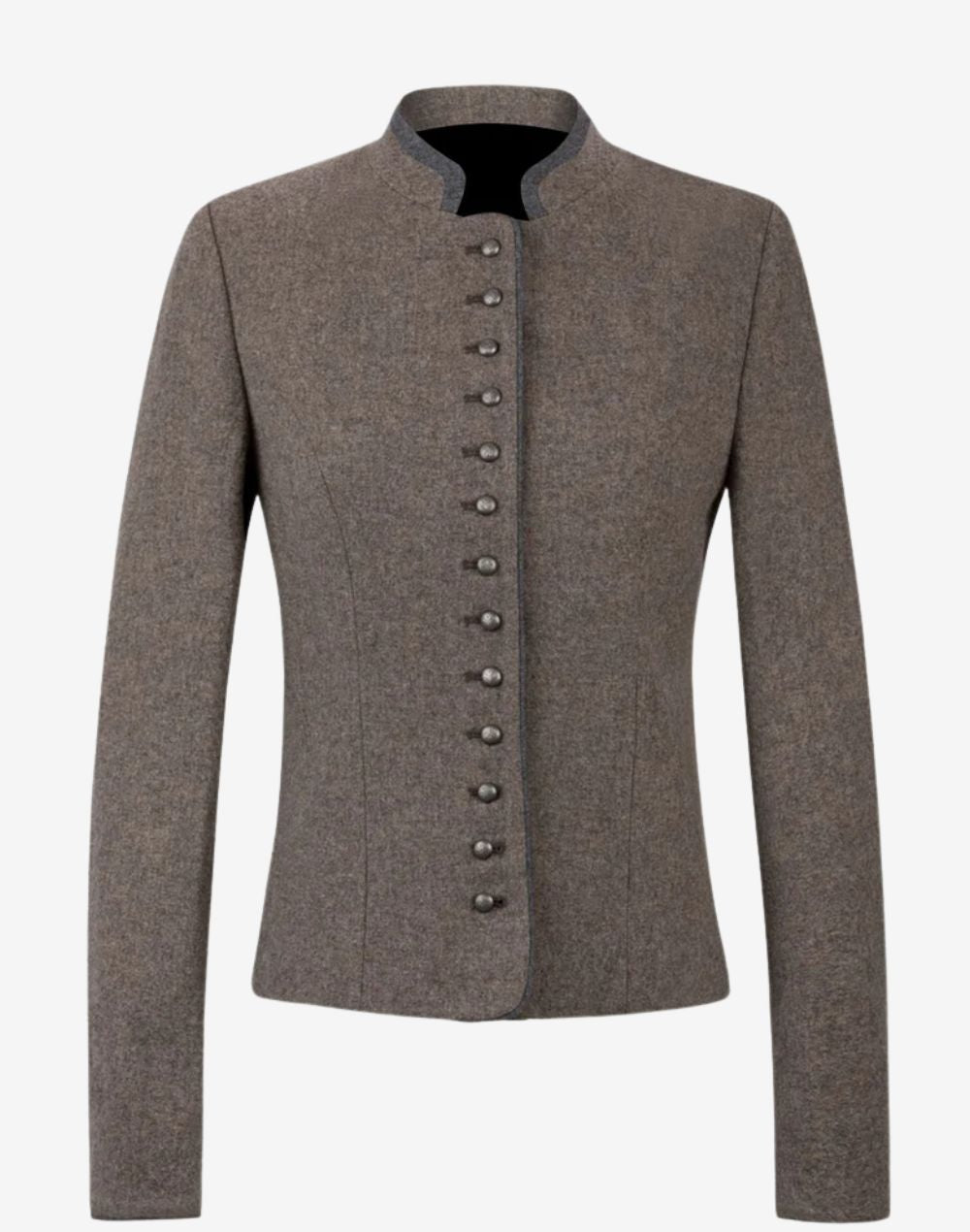 Women’s traditional Bavarian trachten jacket in grey wool with stand collar, long sleeves, and decorative front button closure in classic alpine style.
