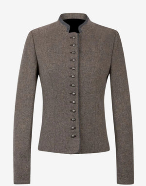Women’s traditional Bavarian trachten jacket in grey wool with stand collar, long sleeves, and decorative front button closure in classic alpine style.