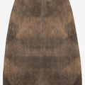 Women’s brown suede Bavarian trachten skirt with a vintage distressed finish, simple A-line silhouette, and traditional alpine style.