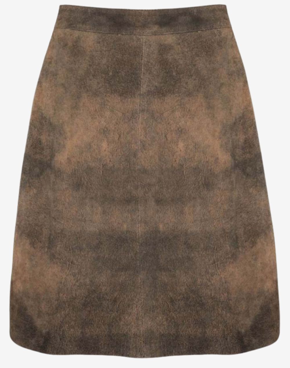 Women’s brown suede Bavarian trachten skirt with a vintage distressed finish, simple A-line silhouette, and traditional alpine style.