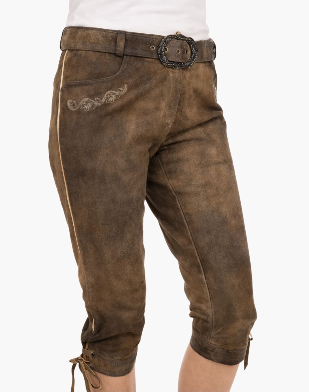 Brown leather Bundhosen with decorative belt and lace-up details on a white background