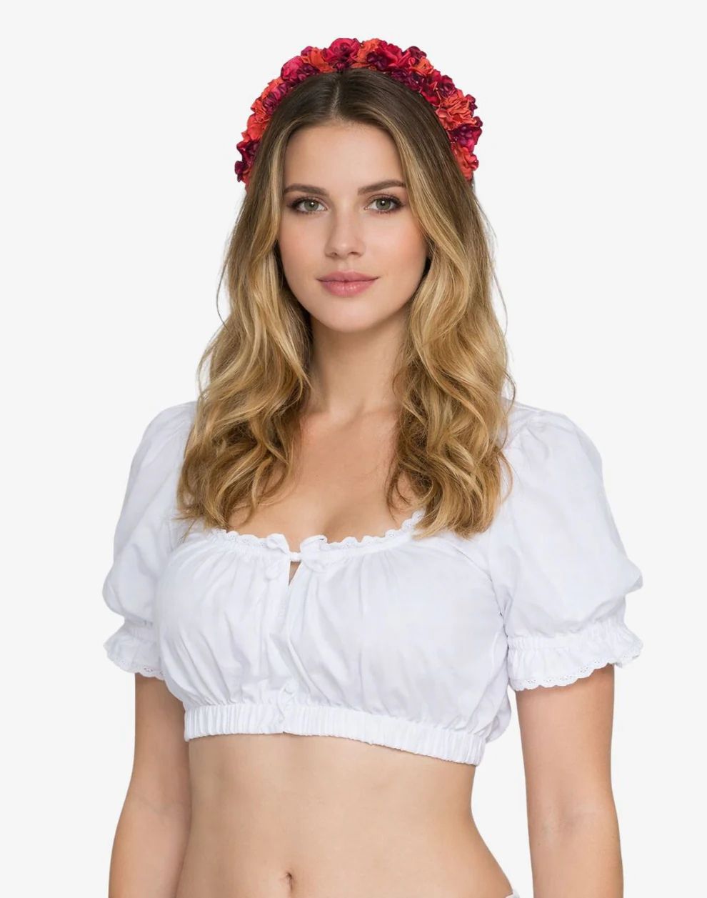 Woman wearing a white top and red floral headband on a white background