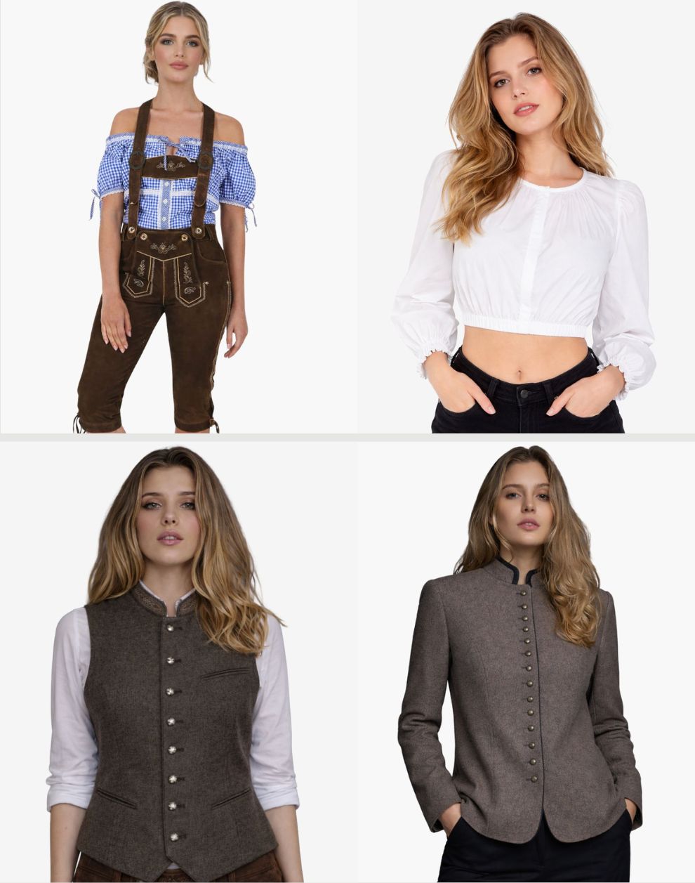 Four images of a woman modeling different outfits on a white background