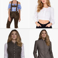Four images of a woman modeling different outfits on a white background