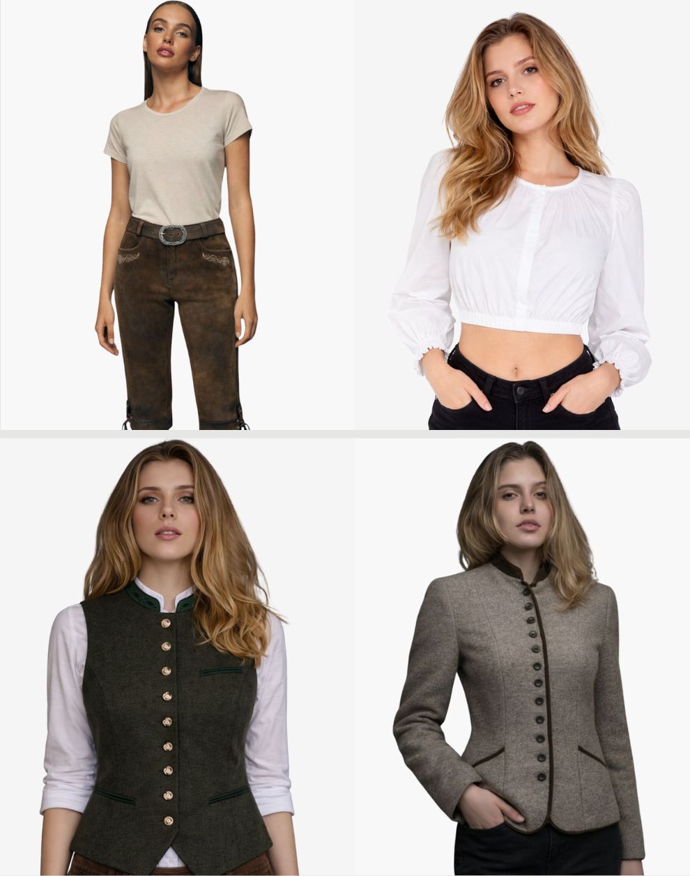 Four images of a woman wearing different outfits on a white background