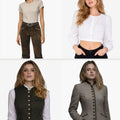 Four images of a woman wearing different outfits on a white background