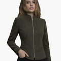 Female model wearing an olive green tailored jacket with a high collar and front zipper, featuring a slim fitted silhouette.