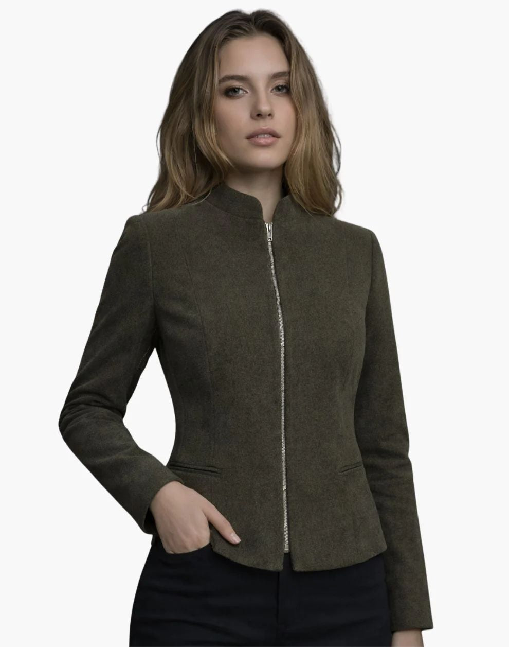 Woman wearing a green jacket on a white background