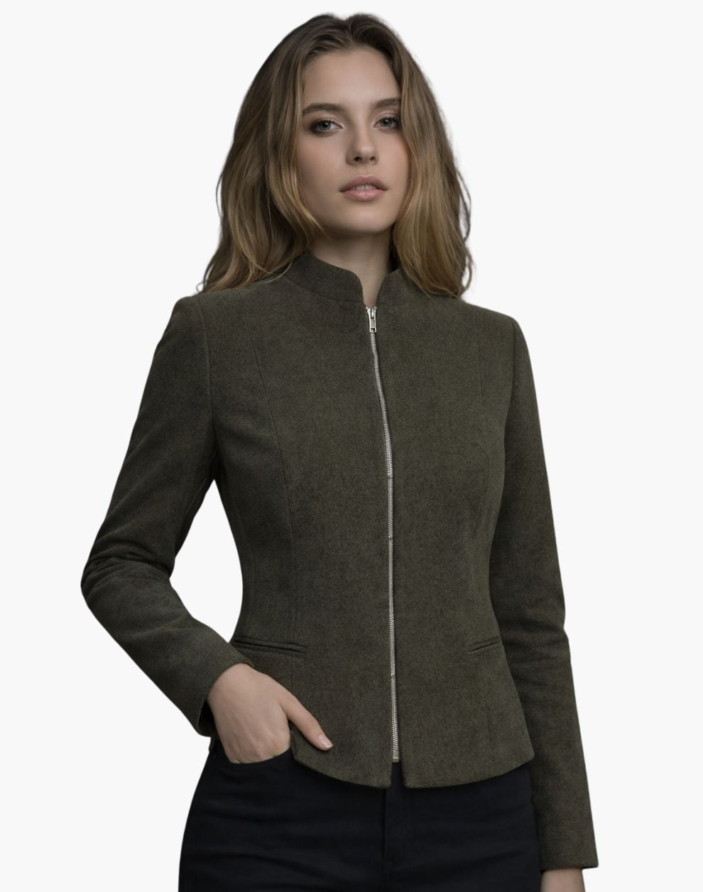 Woman wearing a green jacket on a white background