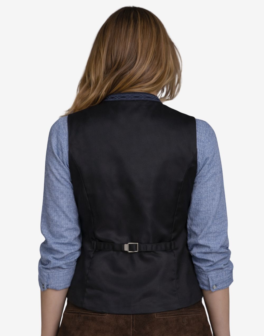 Back view of authentic womens trachten waistcoat showing adjustable waist strap, smooth rear panel and traditional alpine tailored fit