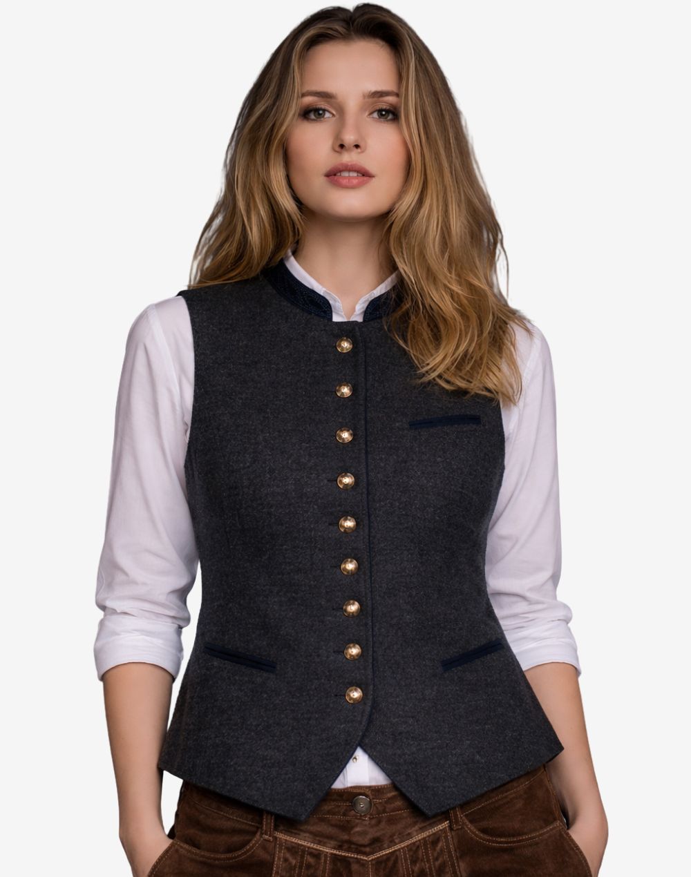 authentic womens trachten waistcoat worn with white shirt featuring fitted cut, traditional buttons and classic Bavarian styling