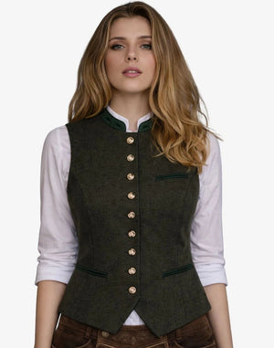 Woman wearing a green vest with gold buttons on a white background