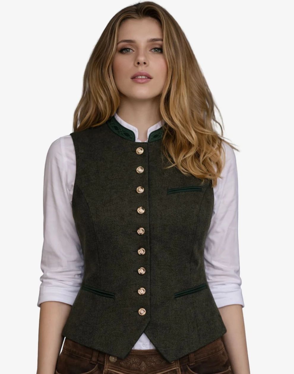 Woman wearing a green vest with gold buttons on a white background