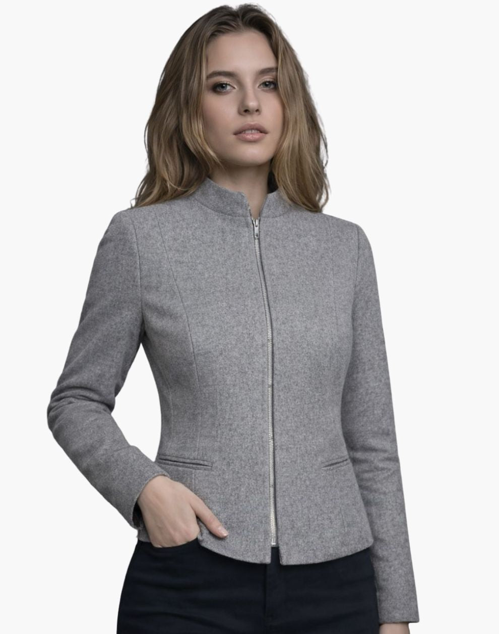 Woman wearing a gray blazer on a white background