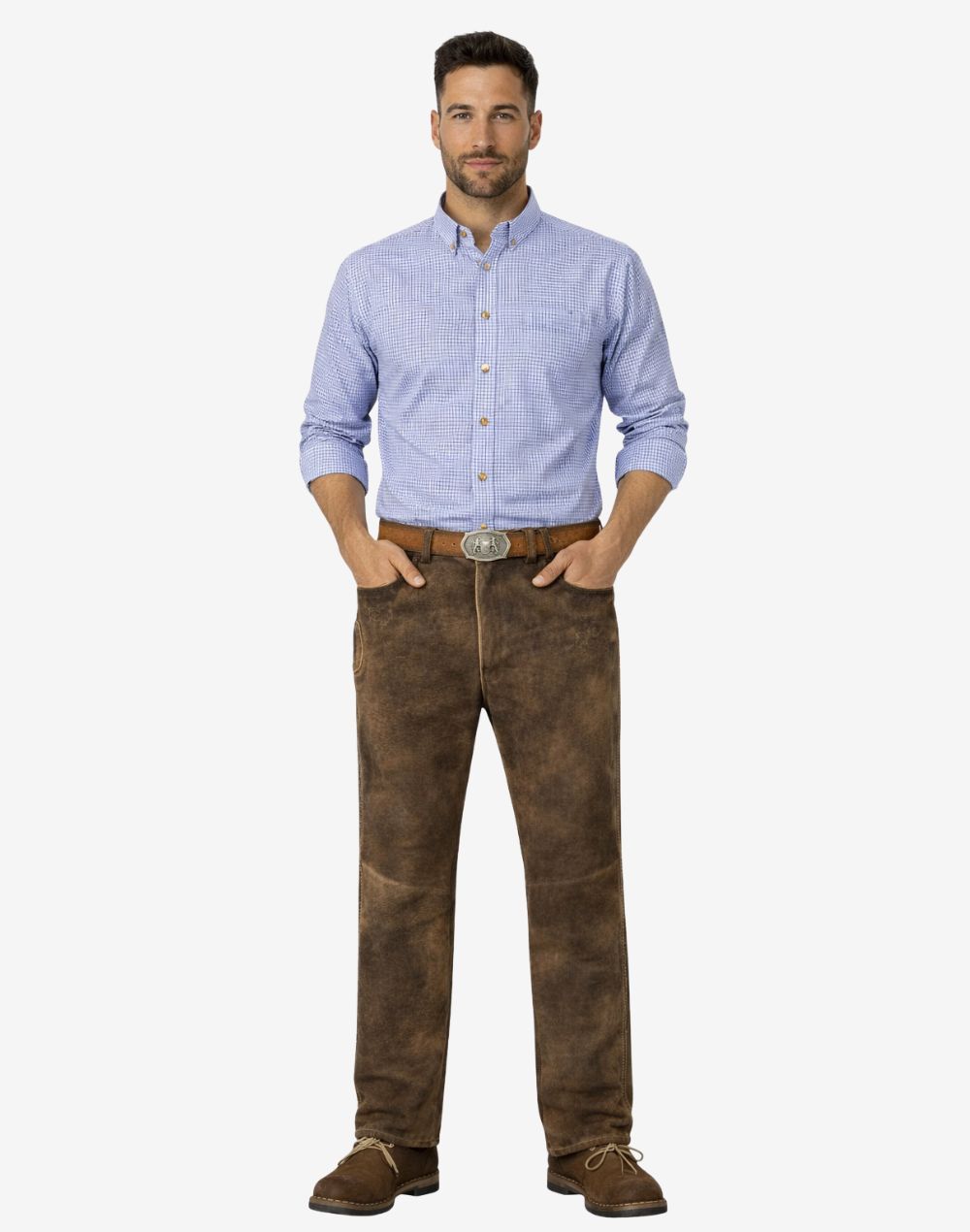 Man wearing a blue checkered shirt and brown pants on a white background