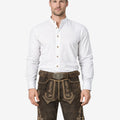 Model wearing Bavaria crest lederhosen for men in dark brown leather with traditional Bavarian embroidery