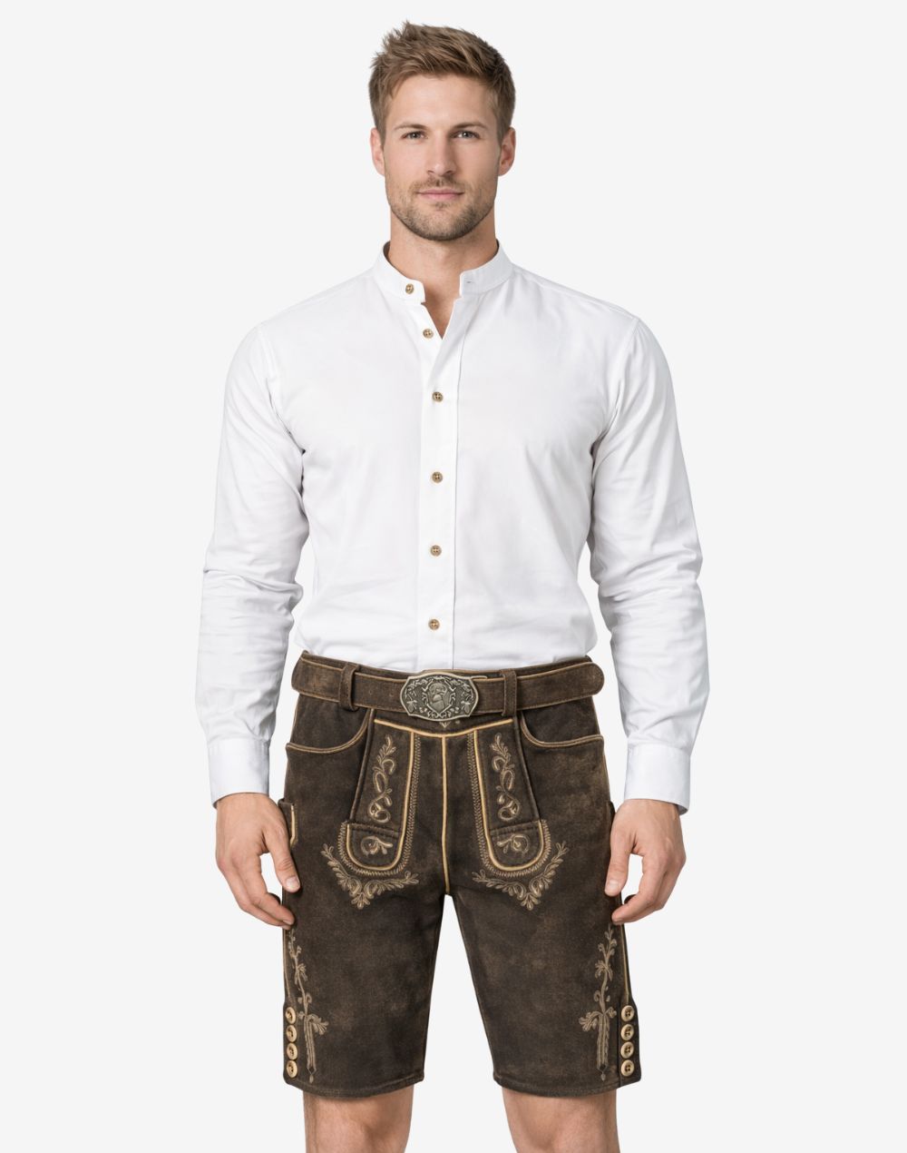 Model wearing Bavaria crest lederhosen for men in dark brown leather with traditional Bavarian embroidery