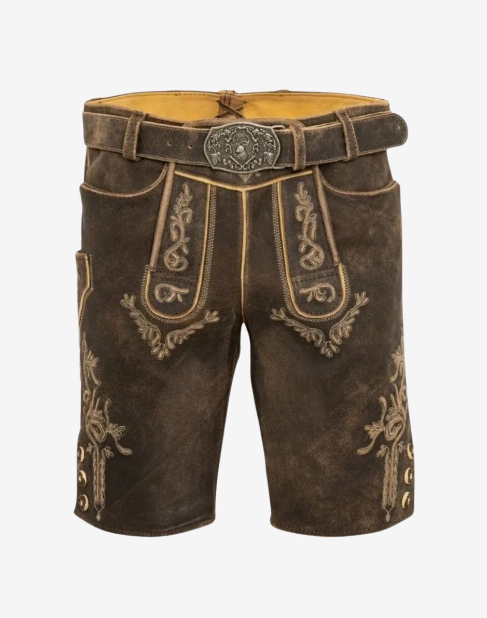 Bavaria Crest Lederhosen for Men dark brown suede leather shorts with embroidered front bib, engraved buckle belt, and traditional styling