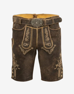 Bavaria Crest Lederhosen for Men dark brown suede leather shorts with embroidered front bib, engraved buckle belt, and traditional styling