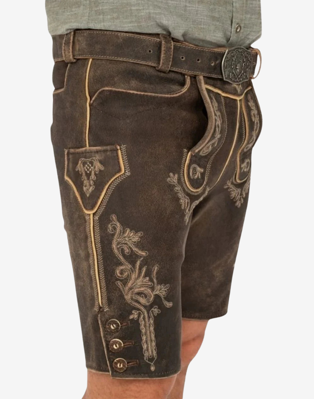 Bavaria Crest Lederhosen for Men angled front view showing ornate thigh embroidery, stitched side pocket, and buttoned leg hem