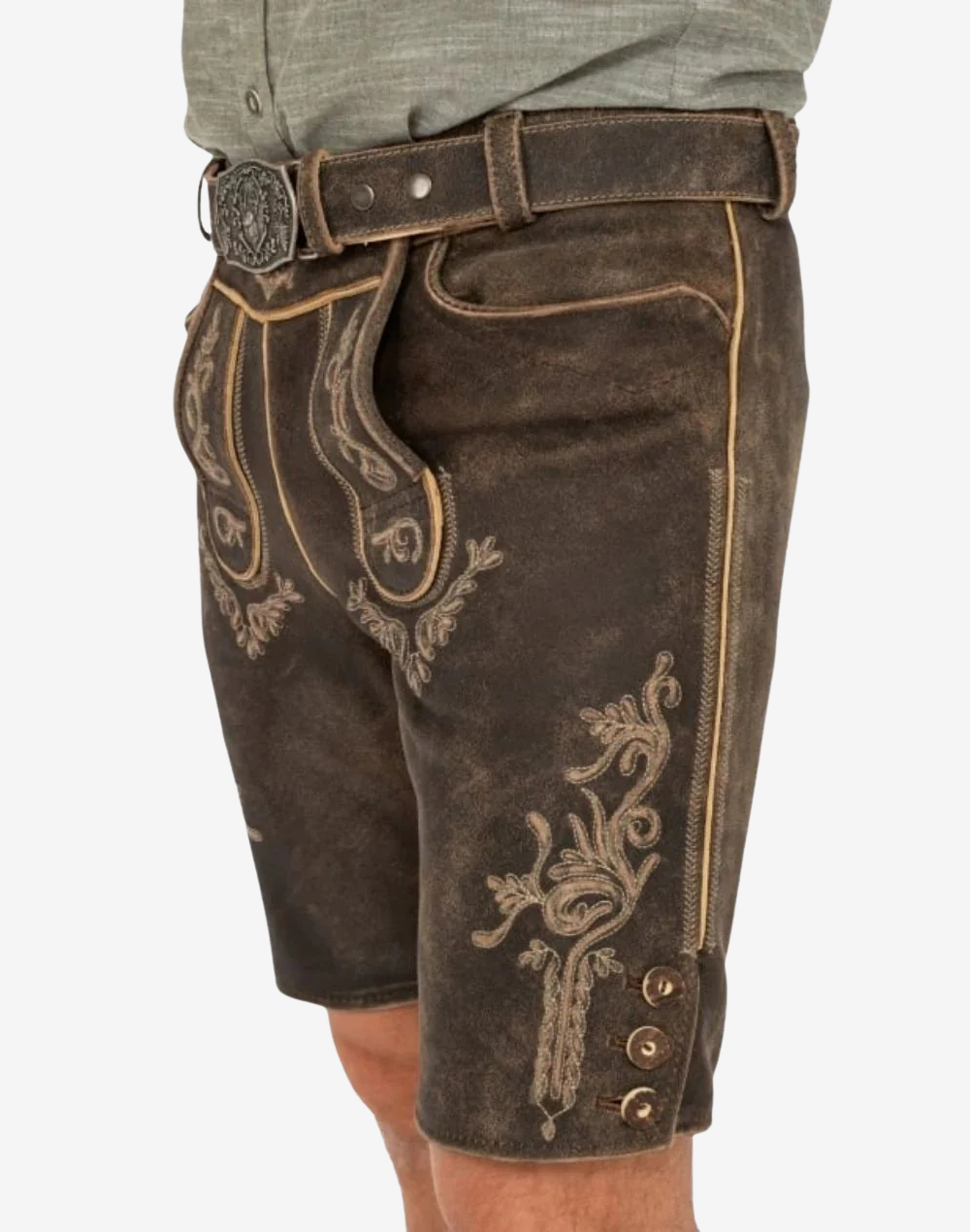 Bavaria Crest Lederhosen for Men side view highlighting bib flap piping, decorative embroidery, and vintage suede finish