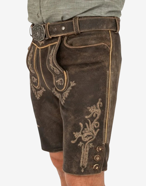 Bavaria Crest Lederhosen for Men side view highlighting bib flap piping, decorative embroidery, and vintage suede finish