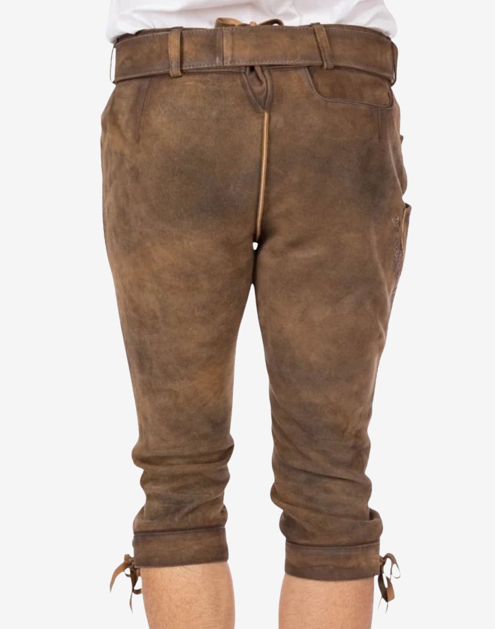 Rear view of authentic Bavarian bundhosen displaying smooth leather back, waistband detail and classic alpine tailoring