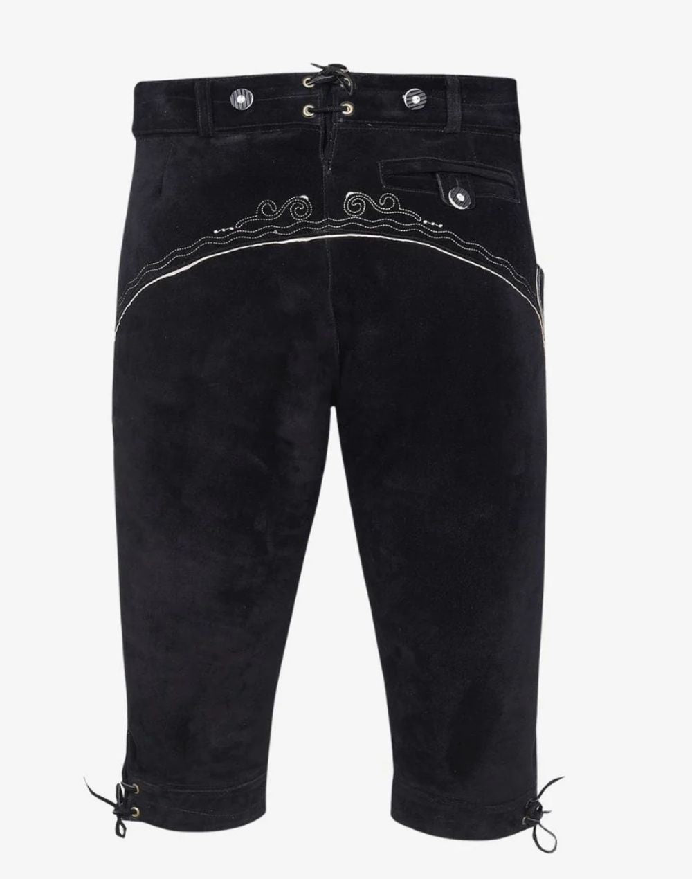Back view of men’s black bundhosen showing waist lacing, back pocket flap and stitched detail
