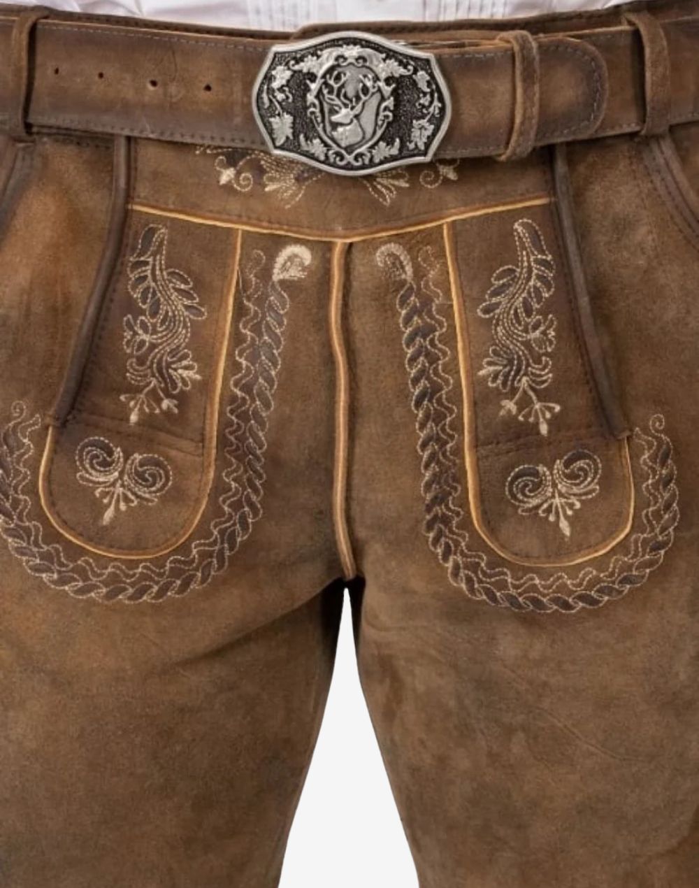Detailed view of embroidered front bib flap with decorative belt buckle and traditional Bavarian pattern work