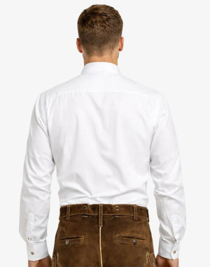 Man wearing a white dress shirt and brown pants on a white background