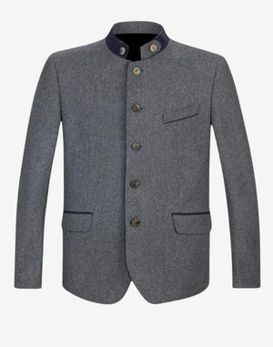 Front view of Bavarian festival jacket for men with gray wool fabric, stand collar and authentic Oktoberfest style.