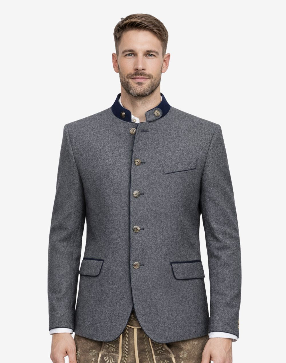 Model wearing Bavarian festival jacket for men front view featuring traditional wool fabric, alpine buttons and classic Trachten styling.