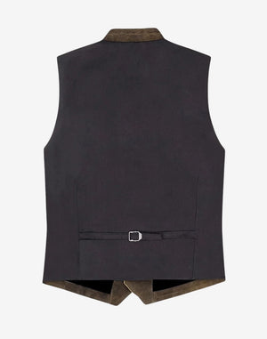 Back view of mens Bavarian leather vest showing smooth black lining, adjustable buckle strap, clean stitching and structured fit ideal for traditional German Oktoberfest attire.
