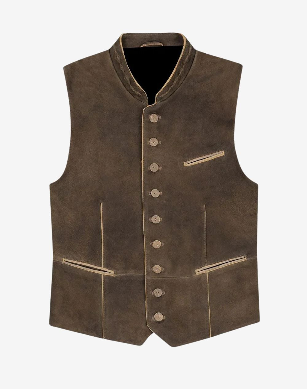 Front view of Bavarian heritage leather vest for men crafted from premium suede leather, featuring traditional button closure, stand collar, tailored fit and authentic Oktoberfest Trachten design.