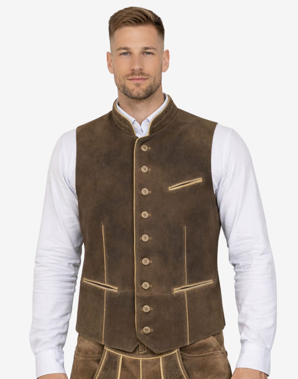 Model wearing Bavarian heritage leather vest paired with white shirt and lederhosen, highlighting rustic suede texture, traditional styling and premium craftsmanship for Oktoberfest outfit.