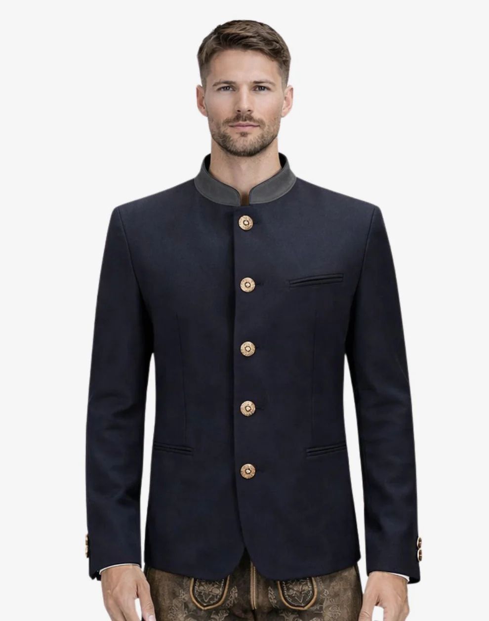 Man wearing a dark blue jacket with gold buttons on a white background