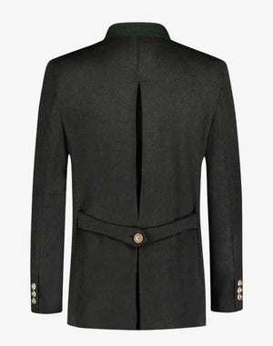 Dark green blazer with a button on a white background