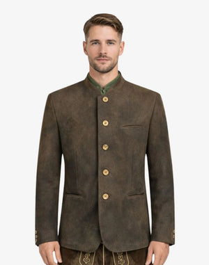 Man wearing a brown jacket with gold buttons on a white background