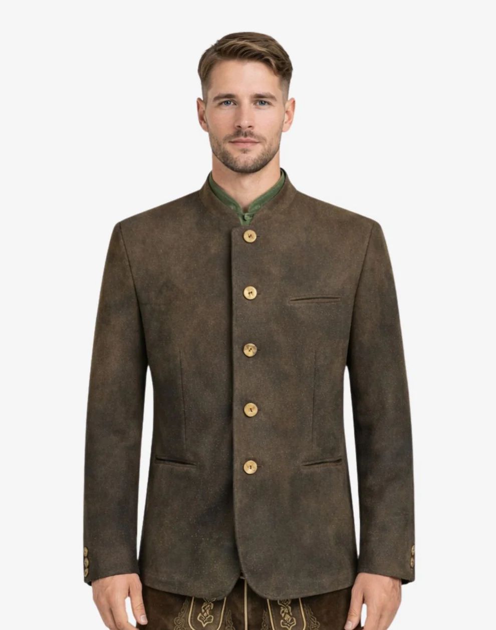 Man wearing a brown jacket with gold buttons on a white background